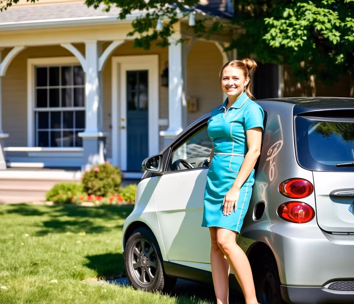 House cleaner in Fitchburg, WI standing beside SpotMaids car outside a home